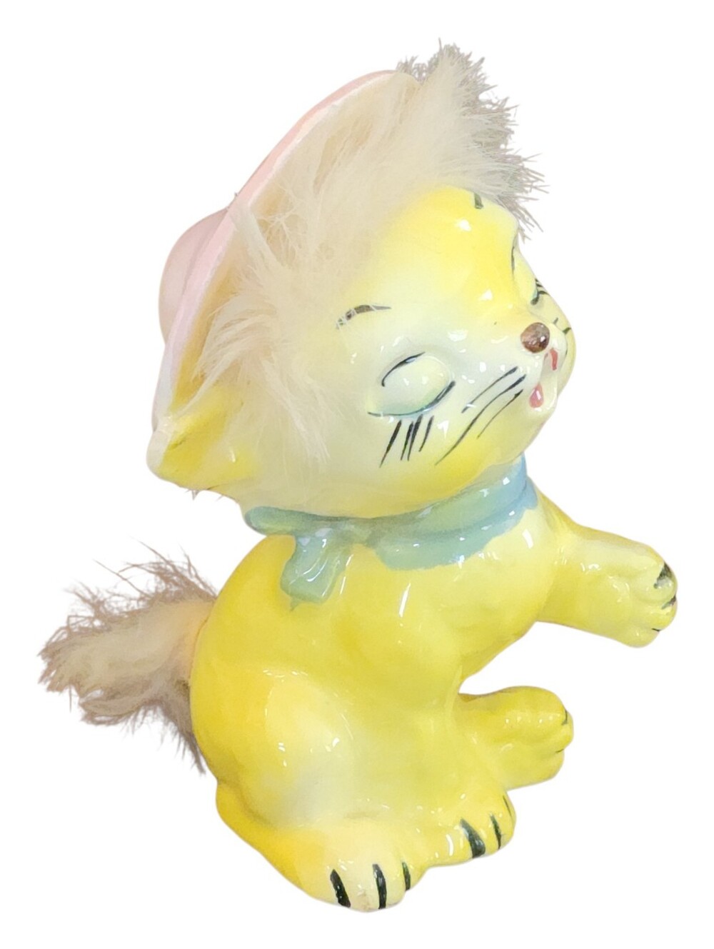 Vintage Anthropomorphic Cat  Figurine Yellow Fur Hair Knick Knack Ceramic Kitsch